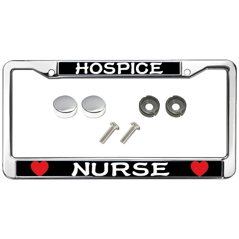 Hospice Nurse License Plate Frame - Chrome Metal with Hearts | Professional Medical Gift
