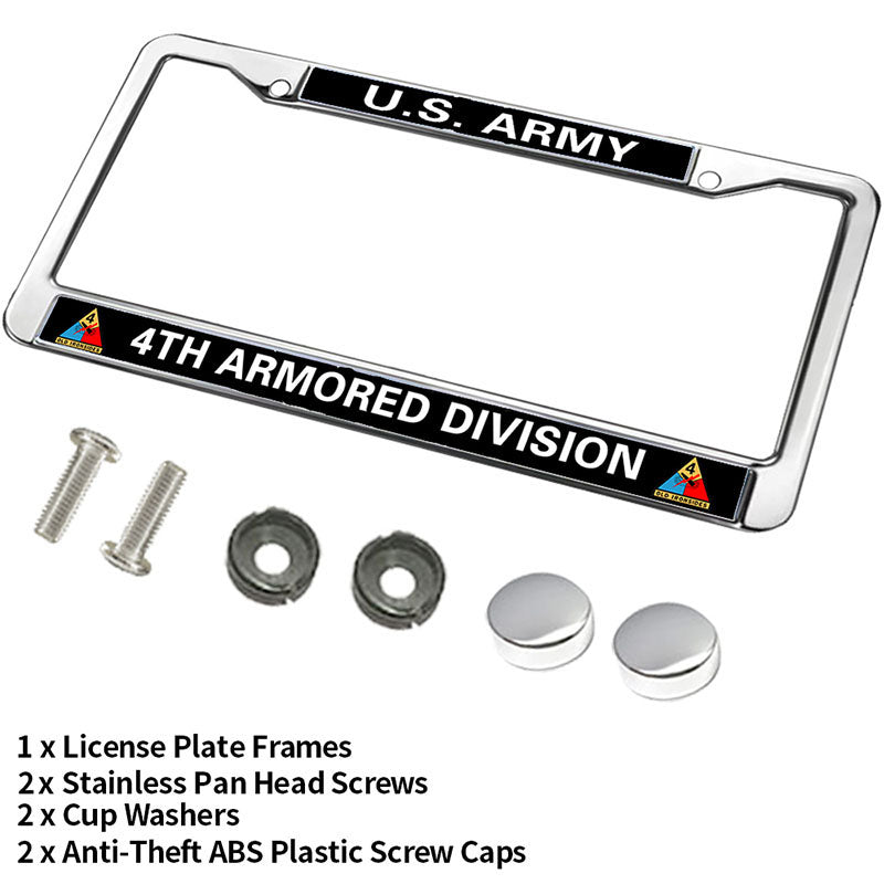 US ARMY 4TH ARMORED DIVISION Metal License Plate Frame Chrome,VETERAN US ARMY Chrome License Plate Frame Tag Universal to fit all US License