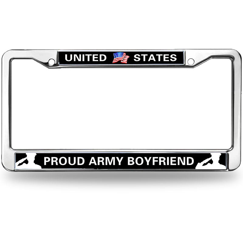 PROUD ARMY BOYFRIEND 2-Holes Stainless License Plate Frame,PROUD US ARMY Polish White Stainless Steel License Plate Frame with Screws Caps Sets