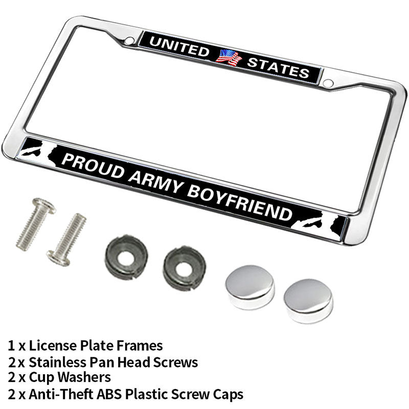 PROUD ARMY BOYFRIEND 2-Holes Stainless License Plate Frame,PROUD US ARMY Polish White Stainless Steel License Plate Frame with Screws Caps Sets