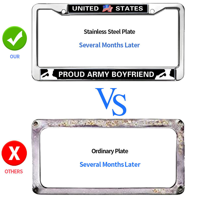 PROUD ARMY BOYFRIEND 2-Holes Stainless License Plate Frame,PROUD US ARMY Polish White Stainless Steel License Plate Frame with Screws Caps Sets