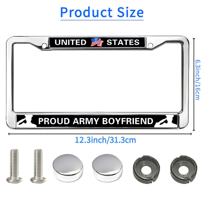 PROUD ARMY BOYFRIEND 2-Holes Stainless License Plate Frame,PROUD US ARMY Polish White Stainless Steel License Plate Frame with Screws Caps Sets