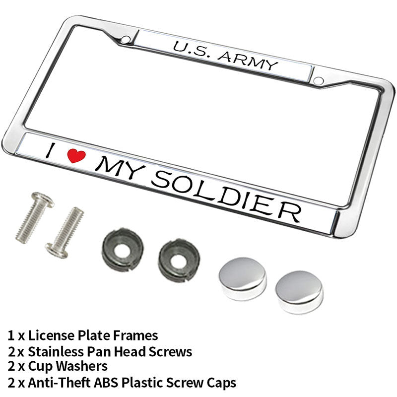I LOVE MY SOLDIER Metal Chrome Auto License Plate Cover,PROUD US ARMY Classic Black License Plate Frame with Theft-proof Screw Caps