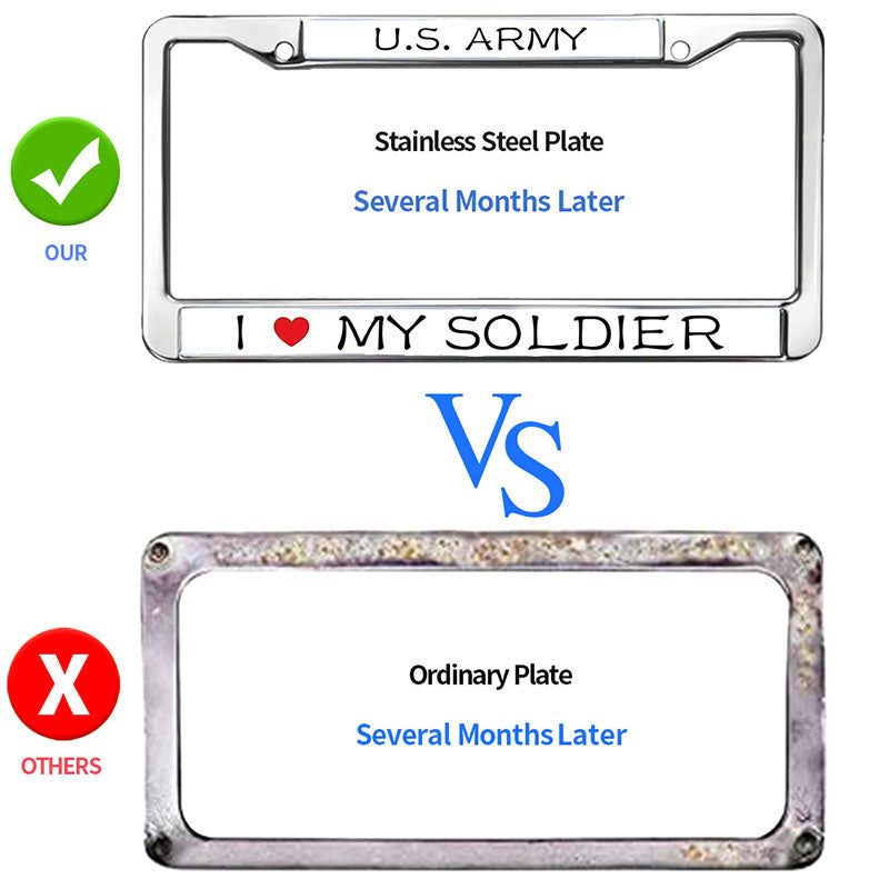 I LOVE MY SOLDIER Metal Chrome Auto License Plate Cover,PROUD US ARMY Classic Black License Plate Frame with Theft-proof Screw Caps