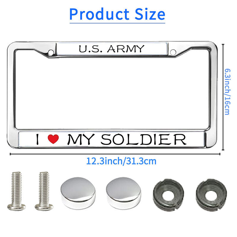 I LOVE MY SOLDIER Metal Chrome Auto License Plate Cover,PROUD US ARMY Classic Black License Plate Frame with Theft-proof Screw Caps