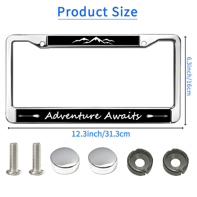 Mount Adventure Lover License Plate Frame for Father’s Day Proud Adventure Awaits License Plate Frame Anti-Theft Adventure Spirit Rust-Proof License Plate Frame with Chrome Screw Caps