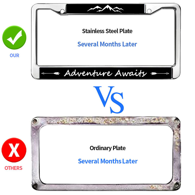 Mount Adventure Lover License Plate Frame for Father’s Day Proud Adventure Awaits License Plate Frame Anti-Theft Adventure Spirit Rust-Proof License Plate Frame with Chrome Screw Caps