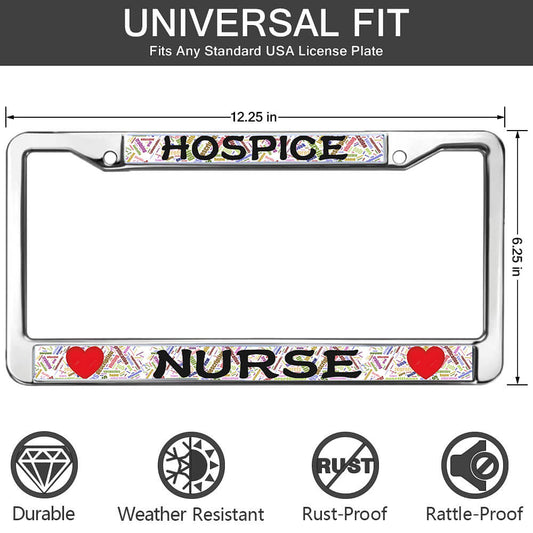 Hospice Nurse License Plate Frame with Hearts - Chrome Metal Auto Accessory with Screws & Caps