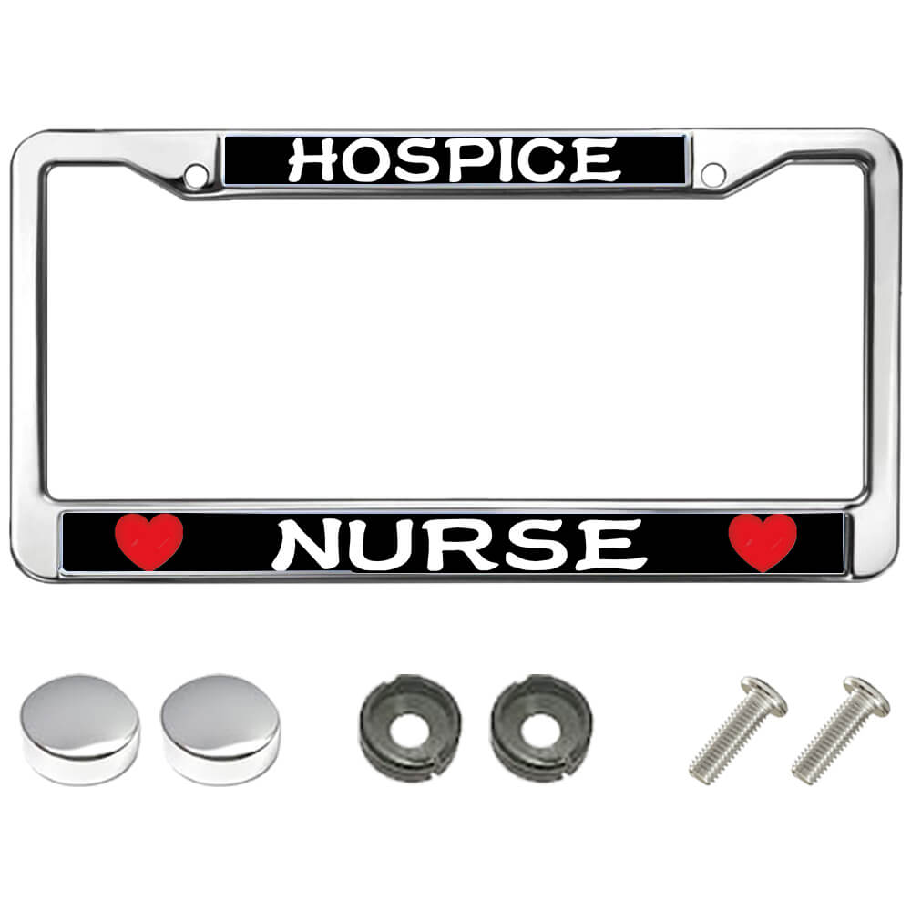 Hospice Nurse License Plate Frame - Chrome Metal with Hearts | Professional Medical Gift