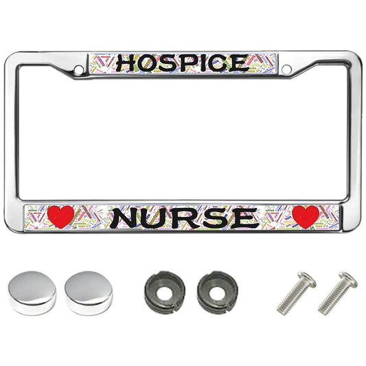Hospice Nurse License Plate Frame with Hearts - Chrome Metal Auto Accessory with Screws & Caps