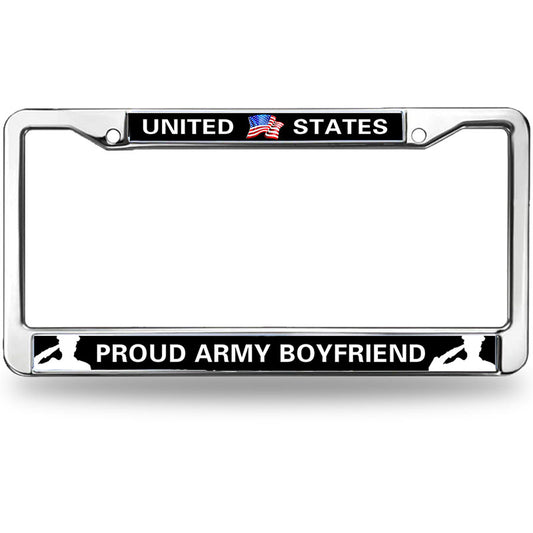 PROUD ARMY BOYFRIEND 2-Holes Stainless License Plate Frame,PROUD US ARMY Polish White Stainless Steel License Plate Frame with Screws Caps Sets