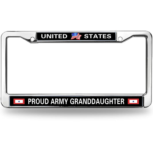 US ARMY GRAND DAUGHTER Black Car Chrome License Plate Frame,PROUD US ARMY Metal Chrome Auto License Plate Cover for Auto Car SUV Trucks