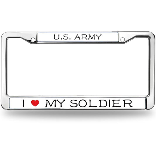 I LOVE MY SOLDIER Metal Chrome Auto License Plate Cover,PROUD US ARMY Classic Black License Plate Frame with Theft-proof Screw Caps