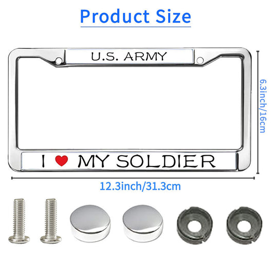 I LOVE MY SOLDIER Metal Chrome Auto License Plate Cover,PROUD US ARMY Classic Black License Plate Frame with Theft-proof Screw Caps