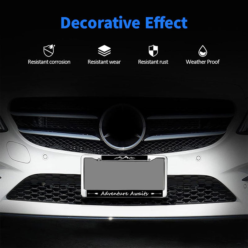 Mount Adventure Lover License Plate Frame for Father’s Day Proud Adventure Awaits License Plate Frame Anti-Theft Adventure Spirit Rust-Proof License Plate Frame with Chrome Screw Caps